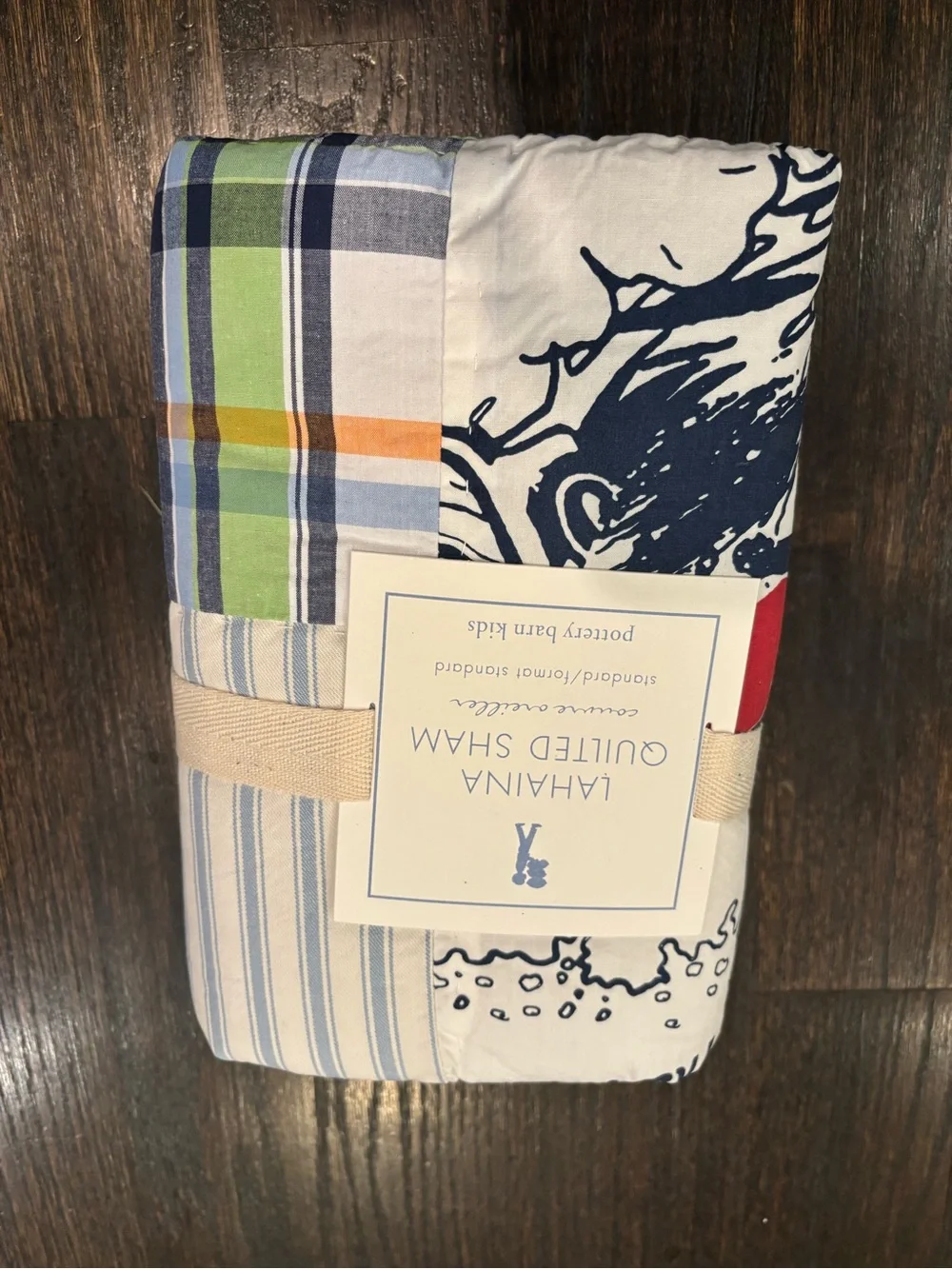 Pottery Barn Kids Blue Plaid Reversible Quilt Lahaina surfing & two shams. NWT